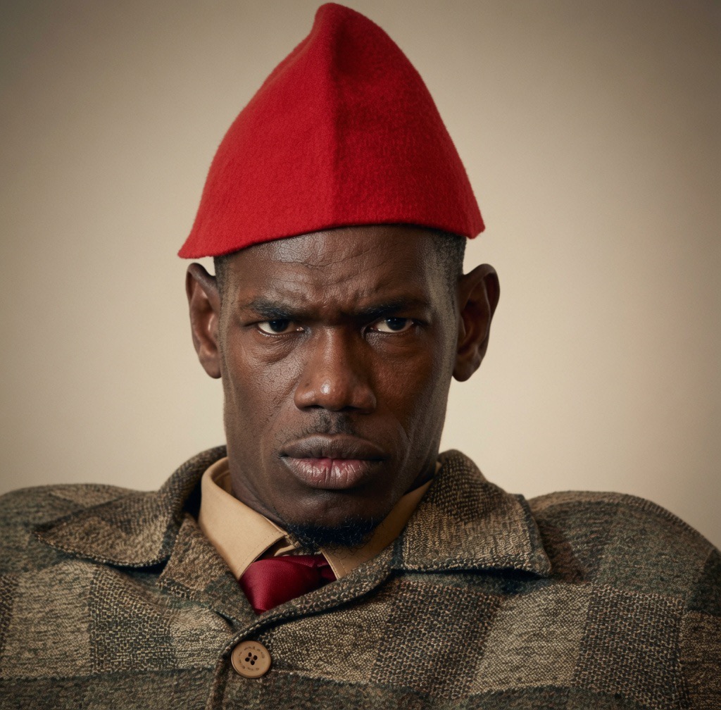 Djiby Seye dans son personnage Ndiol Toth Toth, bonnet rouge